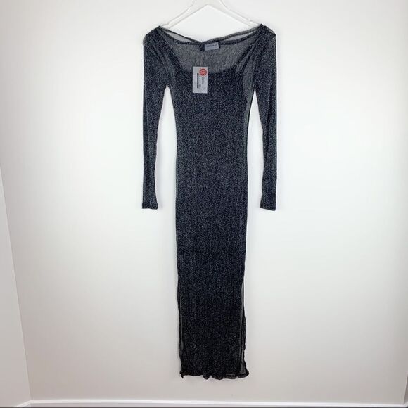 MINKPINK In the Night Black Sheer Sparkle Mesh Midi Dress Over Slip Dress XS NWT - Picture 4 of 16